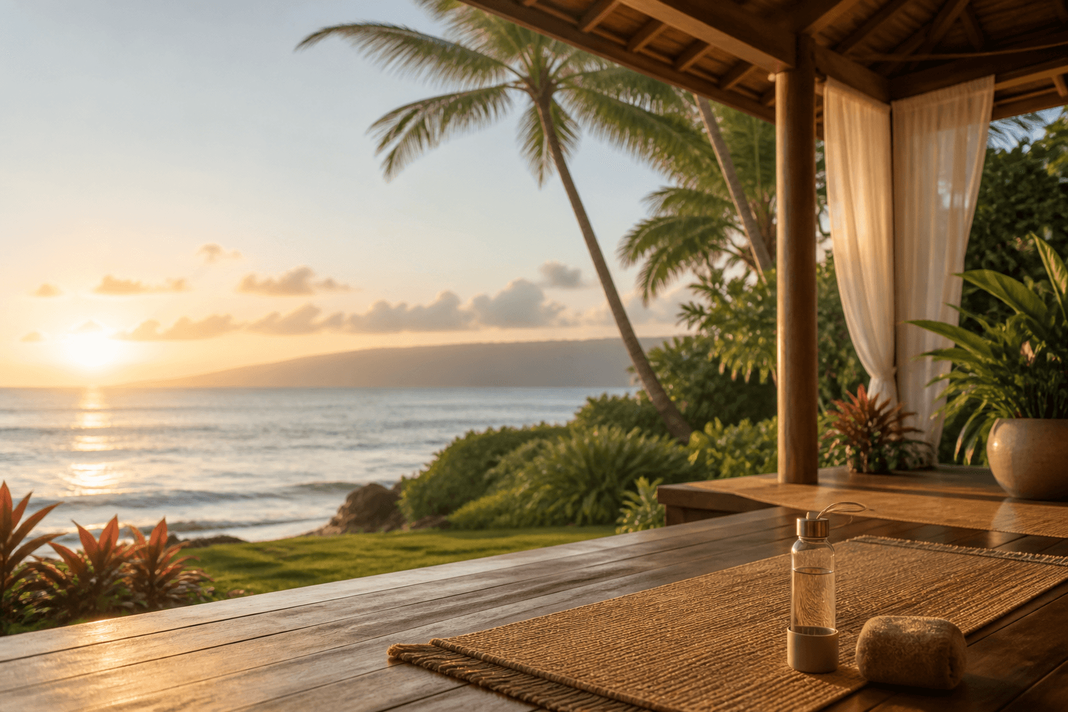 Synthetic sunrise view from an oceanfront wellness pavilion.