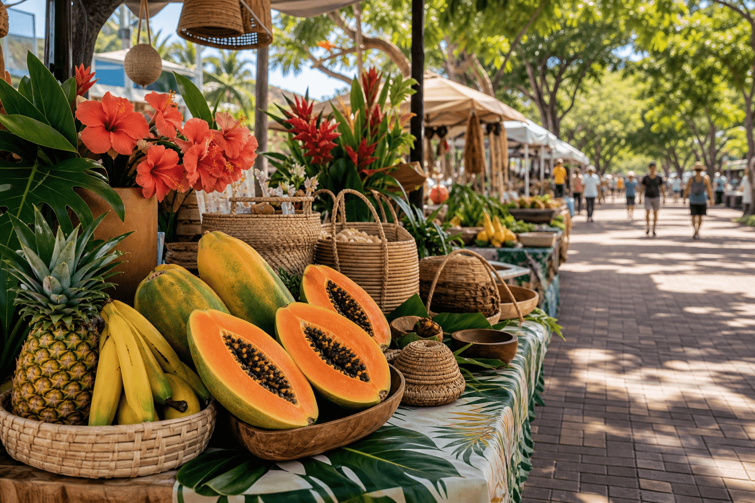 Synthetic island market display with fruit, flowers, and woven baskets.