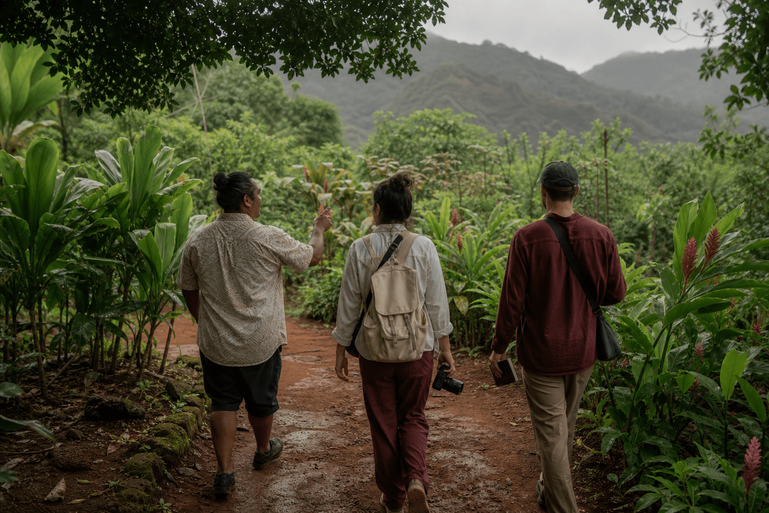 Synthetic guide and two creators walking a tropical garden trail near Kōloa after rain.