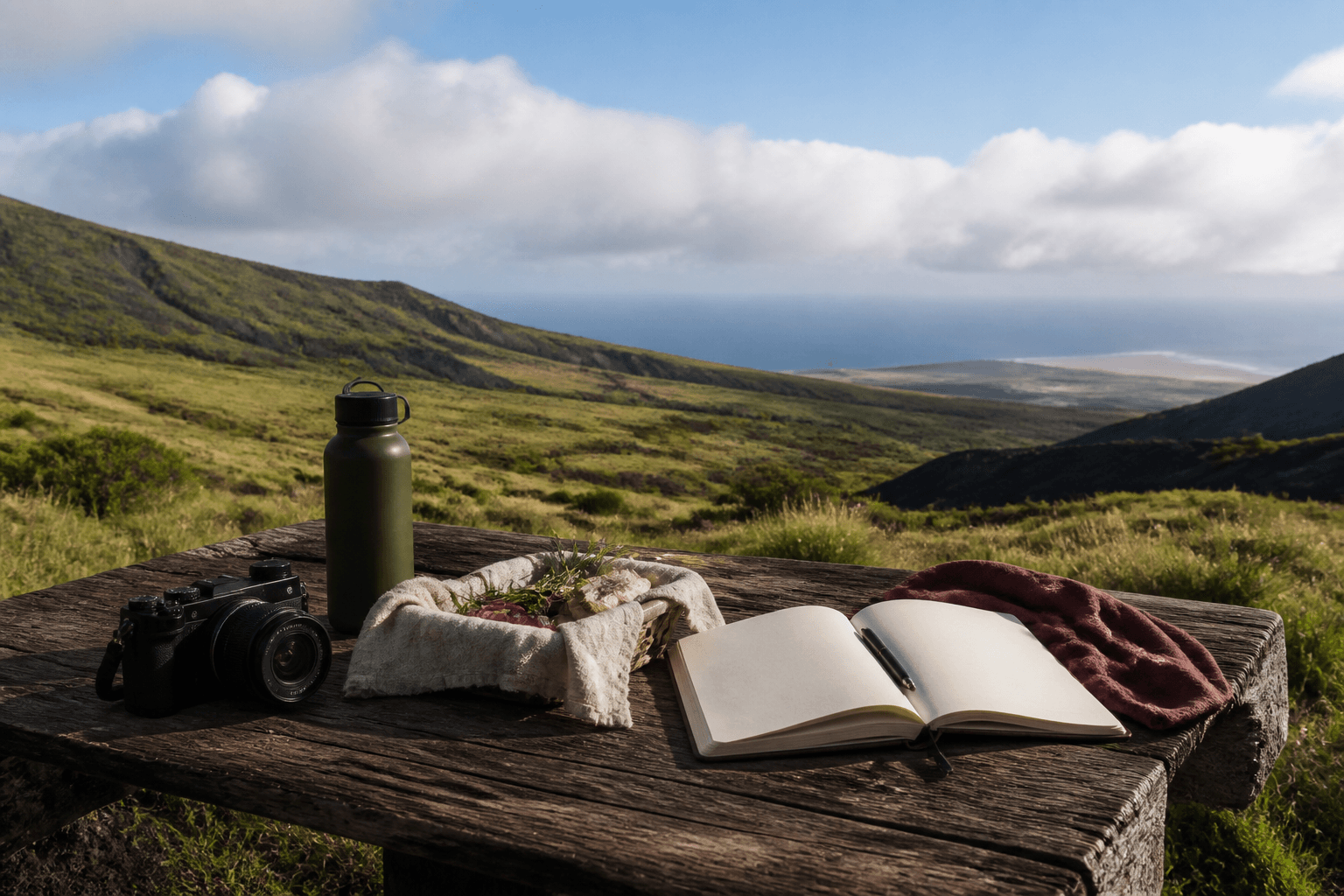 Synthetic camera, field journal, lunch, and water bottle arranged at a Waimea highland overlook.